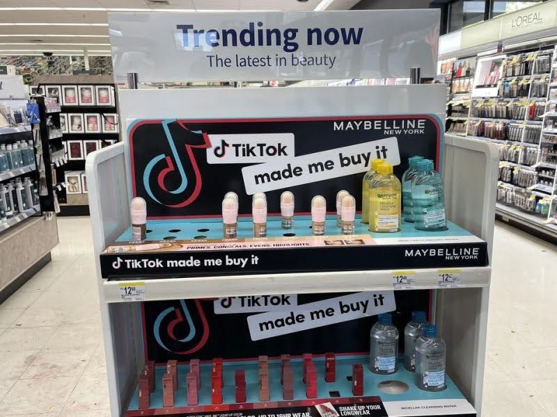 A 'TikTok made me buy it' display found in a health and beauty store.